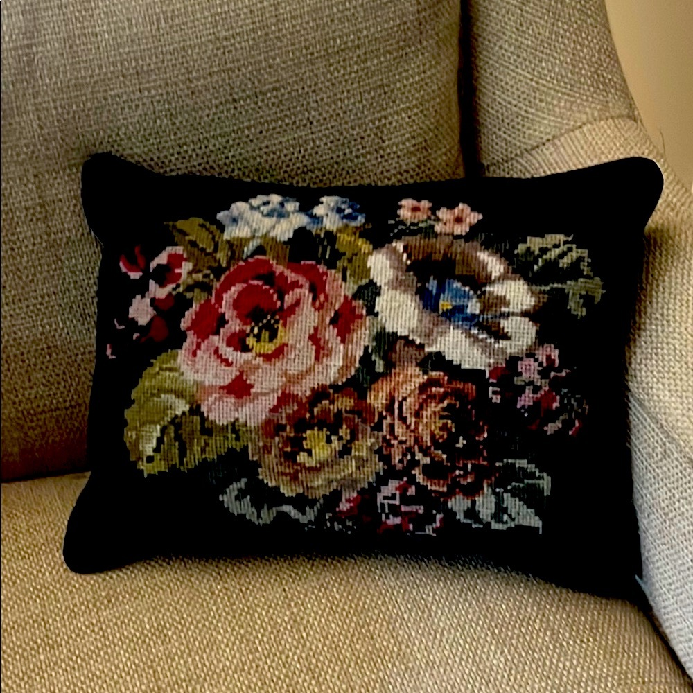 Floral Needlepoint Pillow - Black and Multicolor